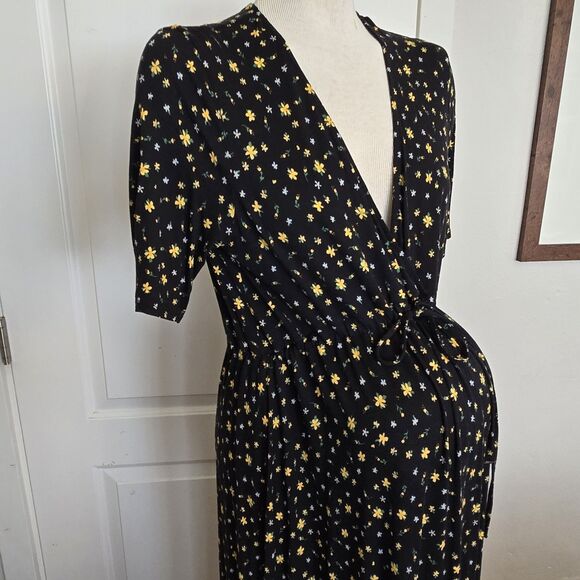 ASOS Maternity Dress Ditzy Floral Long V Tie Front 8 Black Yellow - Picture 15 of 16